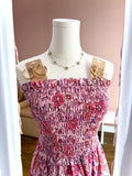Smocked Bodice Tie Back Strpls Pink Multi Dress
