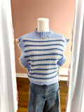 Light Blue Stripe Ruffle Slvless Crop Sweater