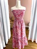 Smocked Bodice Tie Back Strpls Pink Multi Dress