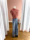 Rust Stripe Ruffle Slvless Crop Sweater