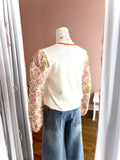 Botanical Floral Puff Sleeve Stripe Sweater