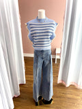 Light Blue Stripe Ruffle Slvless Crop Sweater