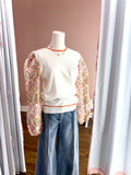 Botanical Floral Puff Sleeve Stripe Sweater