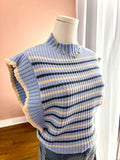 Light Blue Stripe Ruffle Slvless Crop Sweater